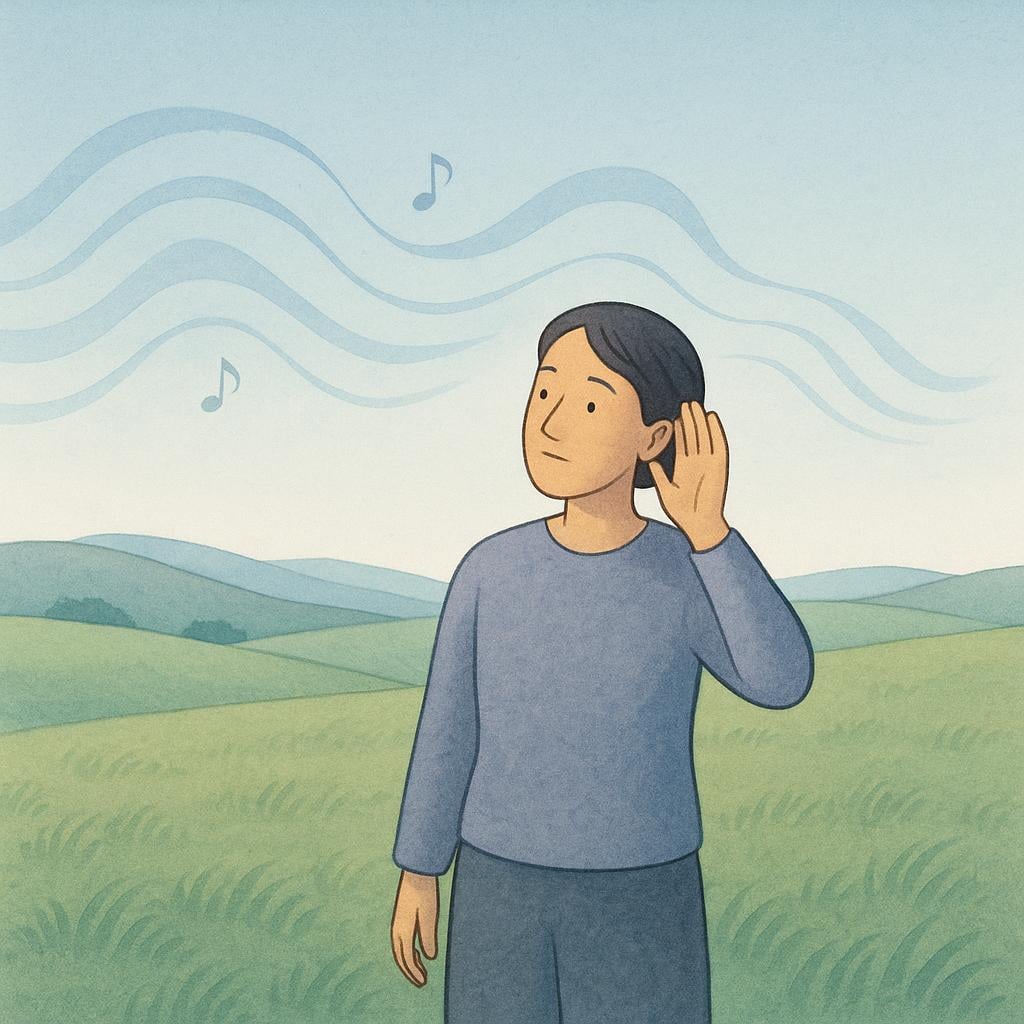 A person standing in a quiet environment, tilting their head and cupping their hand behind their ear to focus on a distant sound.