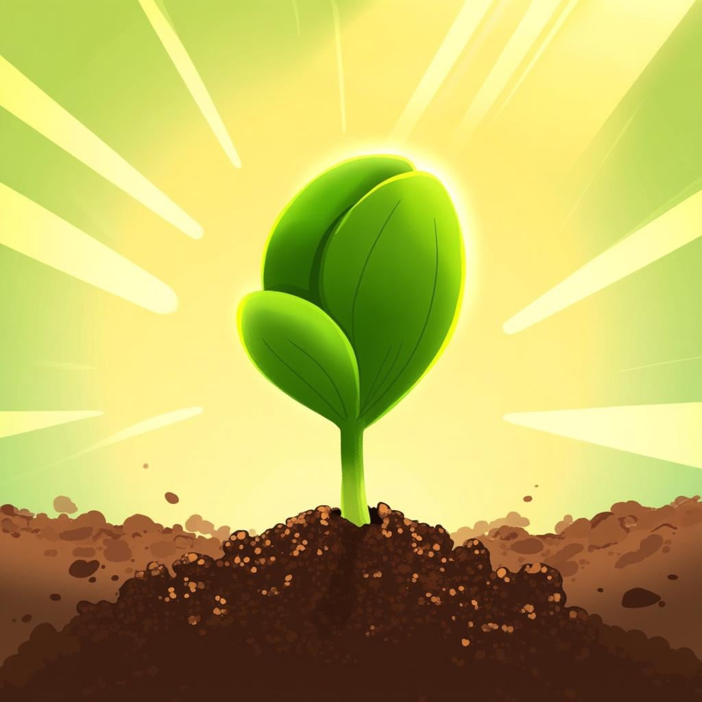 A vibrant green seedling pushing out of the soil, being nourished by direct, warm sunlight.