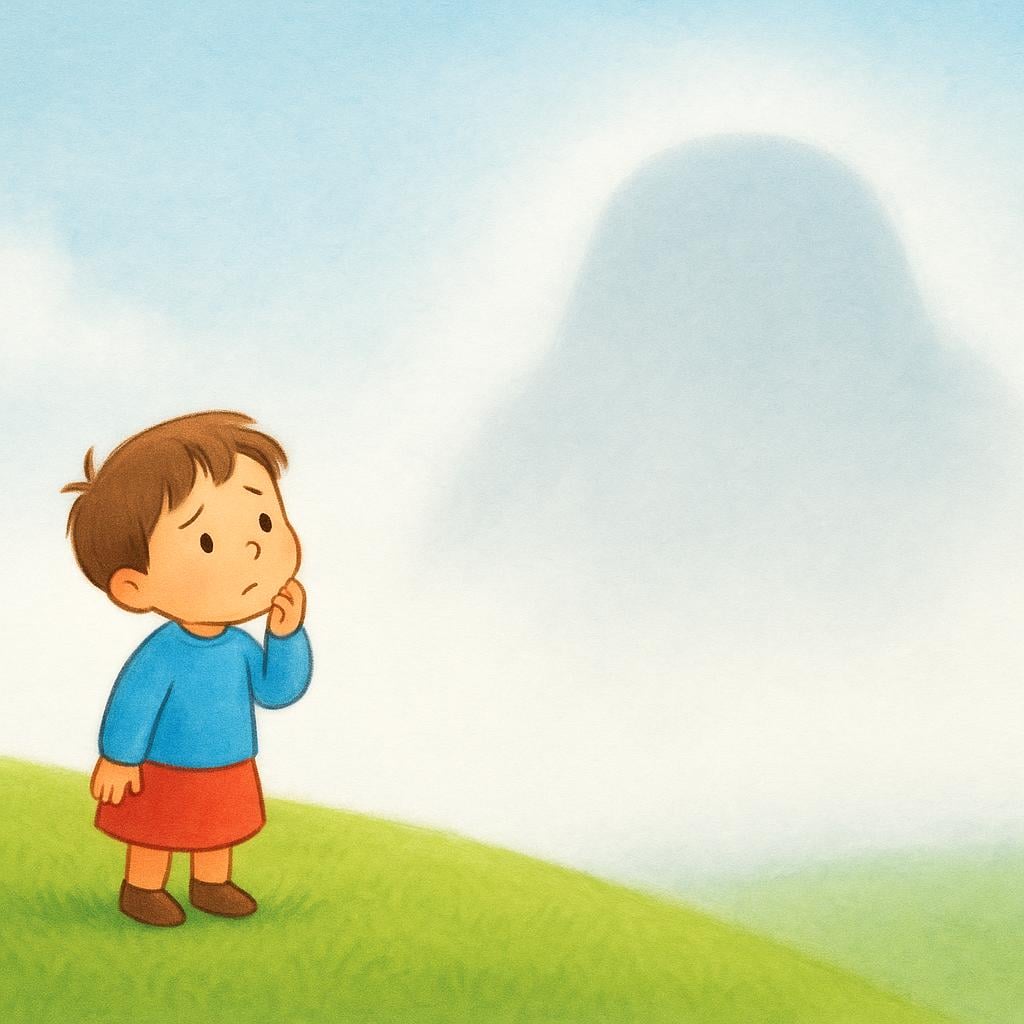 A storybook illustration showing a small child standing on a grassy hill, looking toward a large, indistinct gray shape shrouded in thick morning mist on the horizon, conveying visual uncertainty.