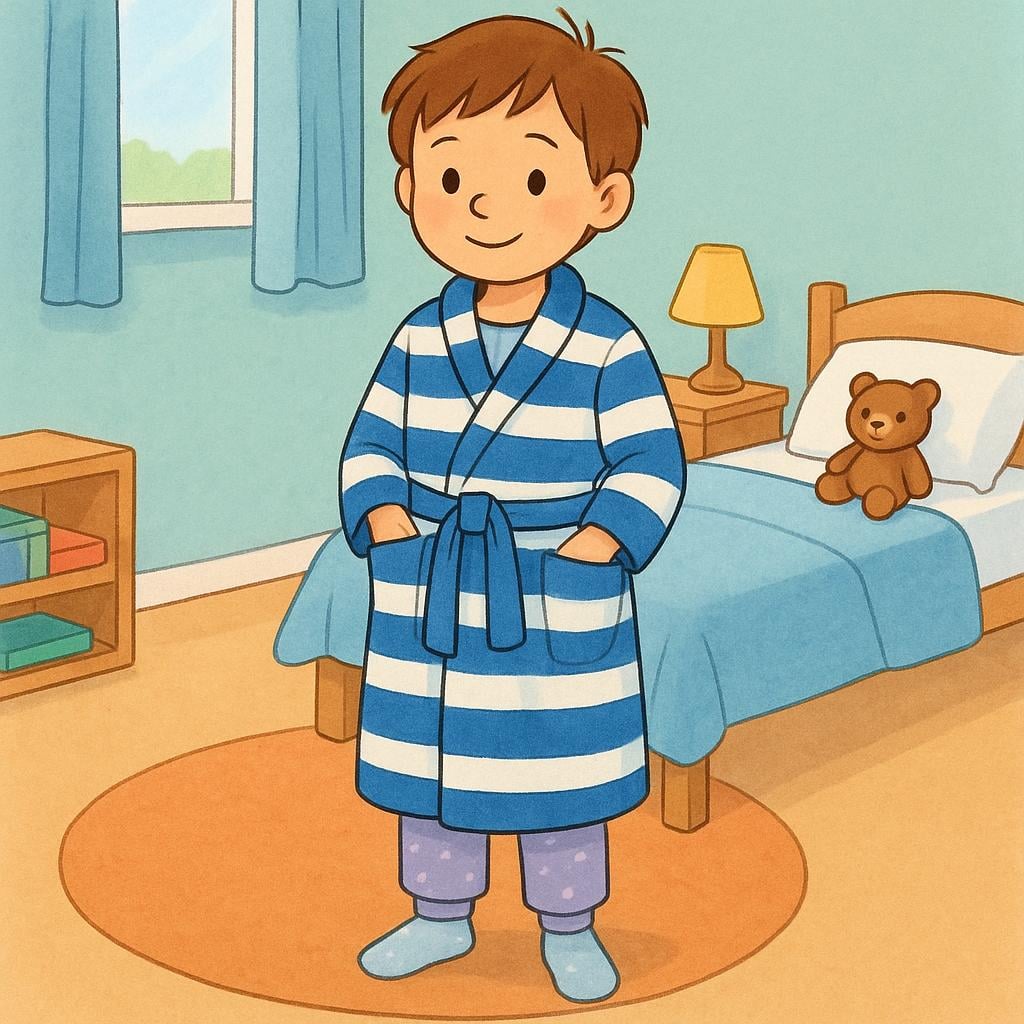 A child wearing a soft, blue-striped dressing gown over pajamas, standing comfortably.