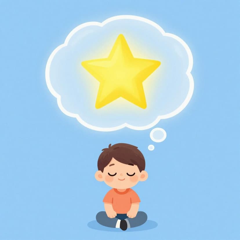 A child sitting with eyes closed and a colorful thought bubble above their head containing a bright star.