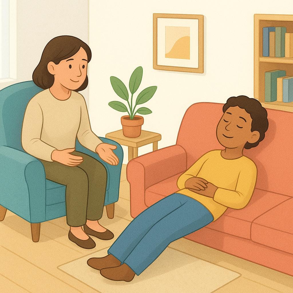 A simple illustration showing a professional therapist sitting across from a person who is reclining on a couch, suggesting a psychological counseling session.