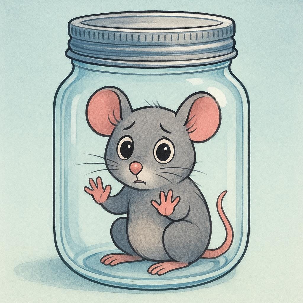 Un piccolo topo grigio intrappolato all'interno di un barattolo di vetro trasparente sigillato, che appare angosciato e incapace di fuggire.