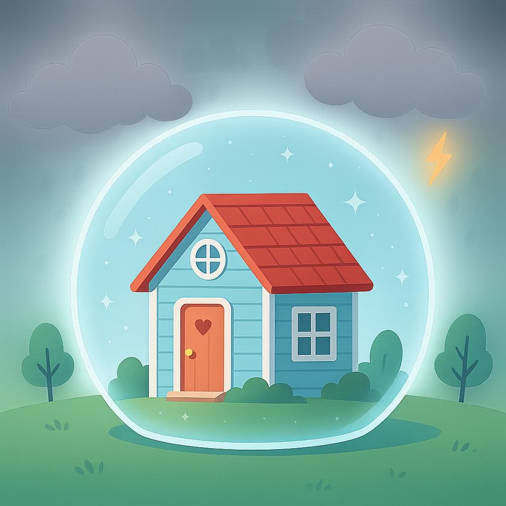 Ein kleines, fröhliches Haus ist sicher in einer leuchtenden, durchsichtigen Schutzblase eingeschlossen, während dunkle Sturmwolken draußen lauern.