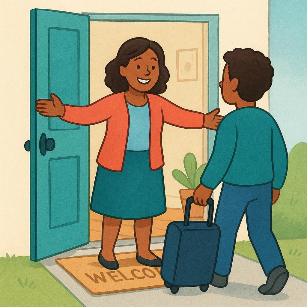 A smiling woman standing in an open doorway with her arms wide open, warmly greeting and receiving a person who is arriving.