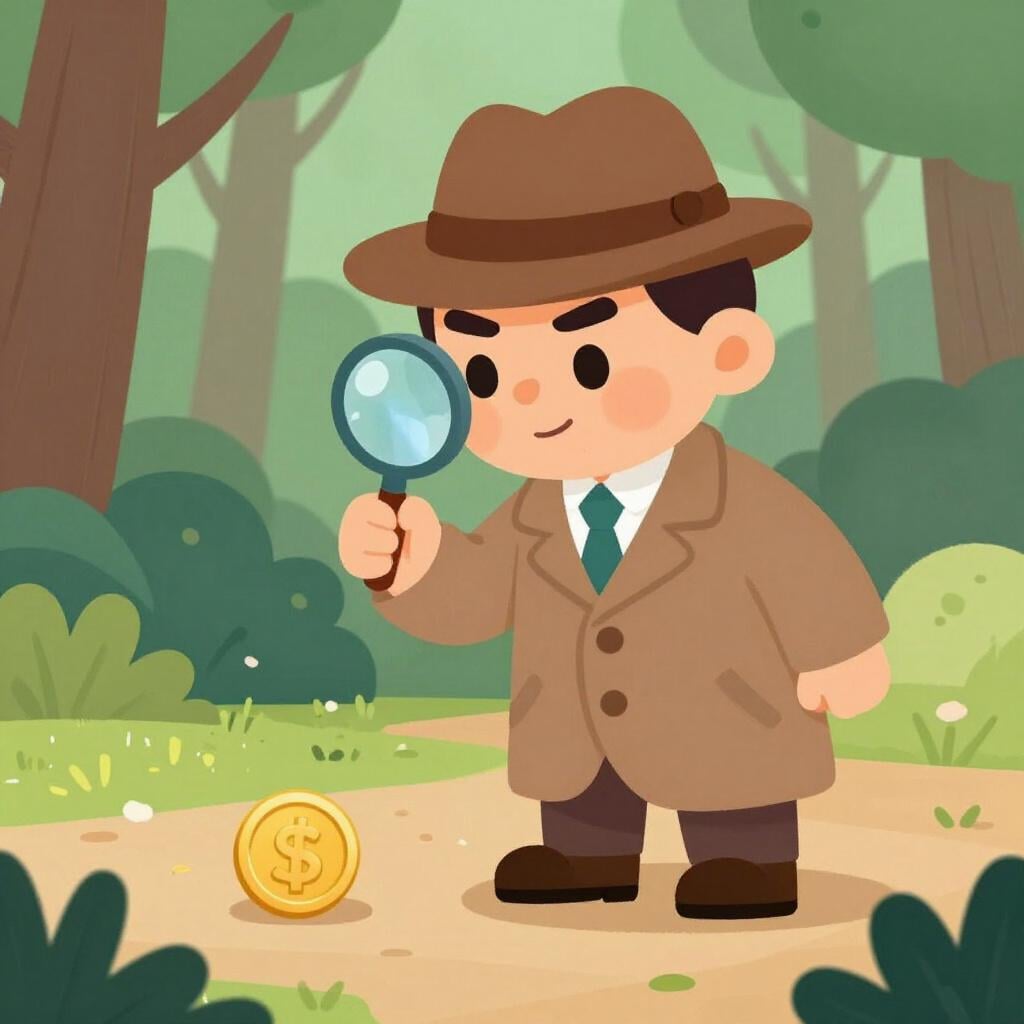 Een detective die een vergrootglas vasthoudt en kijkt naar een enkele gloeiende gouden munt op de grond.