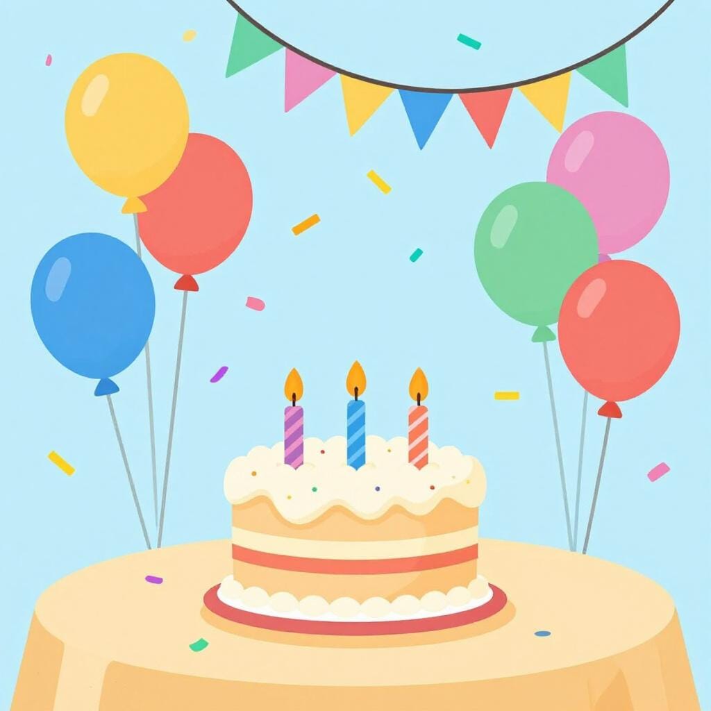 Eine bunte Feier mit bunten Luftballons, Konfetti und einer dekorierten Torte.