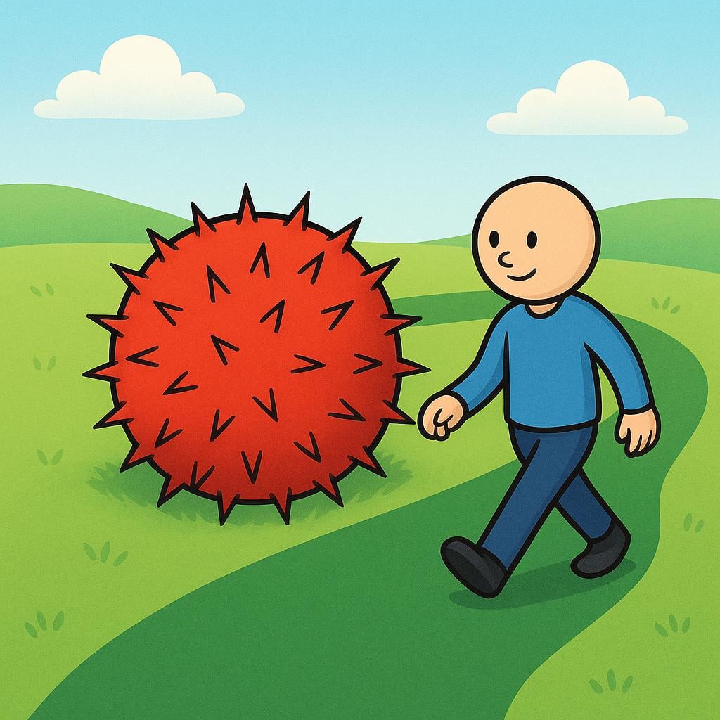 A cartoon figure is walking along a path and takes a wide detour to bypass a large, bright red, thorny bush that is blocking the straight route.