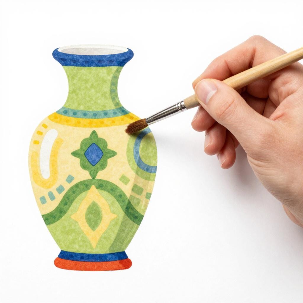 A hand using a small brush to add final gold details to a colorful ceramic vase.