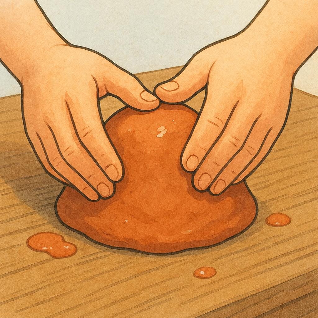 나무 탁자 위에서 갈색 점토 덩어리를 능숙하게 빚고 있는 사람의 손 모습, 무언가를 만드는 과정을 보여준다.