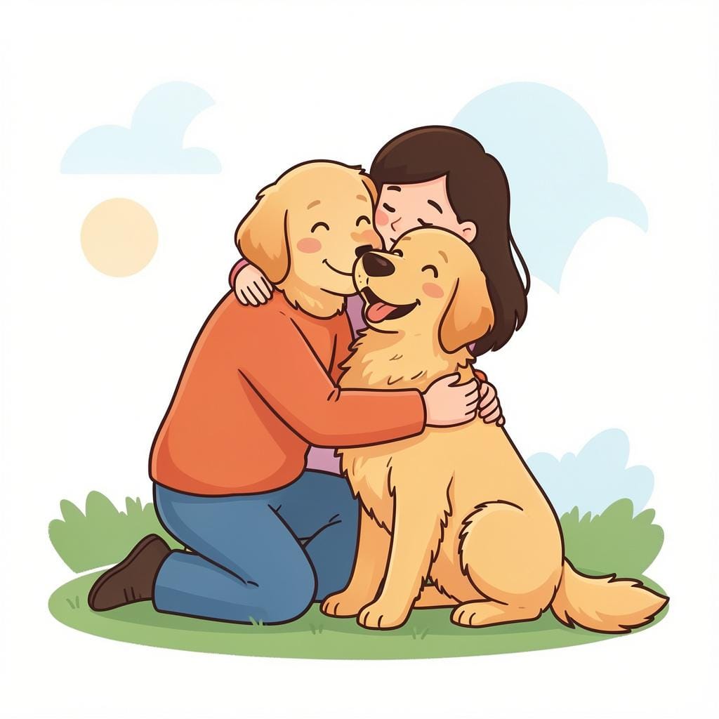 もふもふのゴールデンレトリバー犬を優しく抱きしめている人。