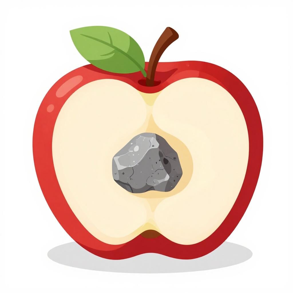 Ein glänzender roter Apfel, der aufgeschnitten wurde, um einen Kern aus grauem Stein zu enthüllen.