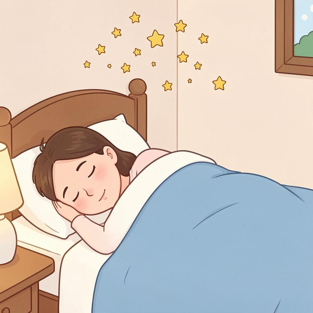 A cozy illustration of a person peacefully sleeping in a soft bed under a warm blanket.