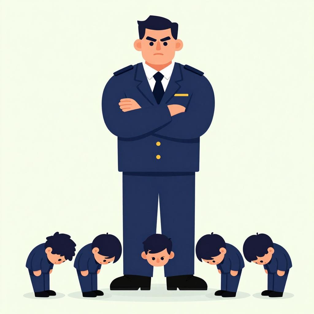 Una figura severa in un'uniforme scura, in piedi con le braccia conserte, che guarda in basso un gruppo di piccole figure identiche che si inchinano all'unisono.