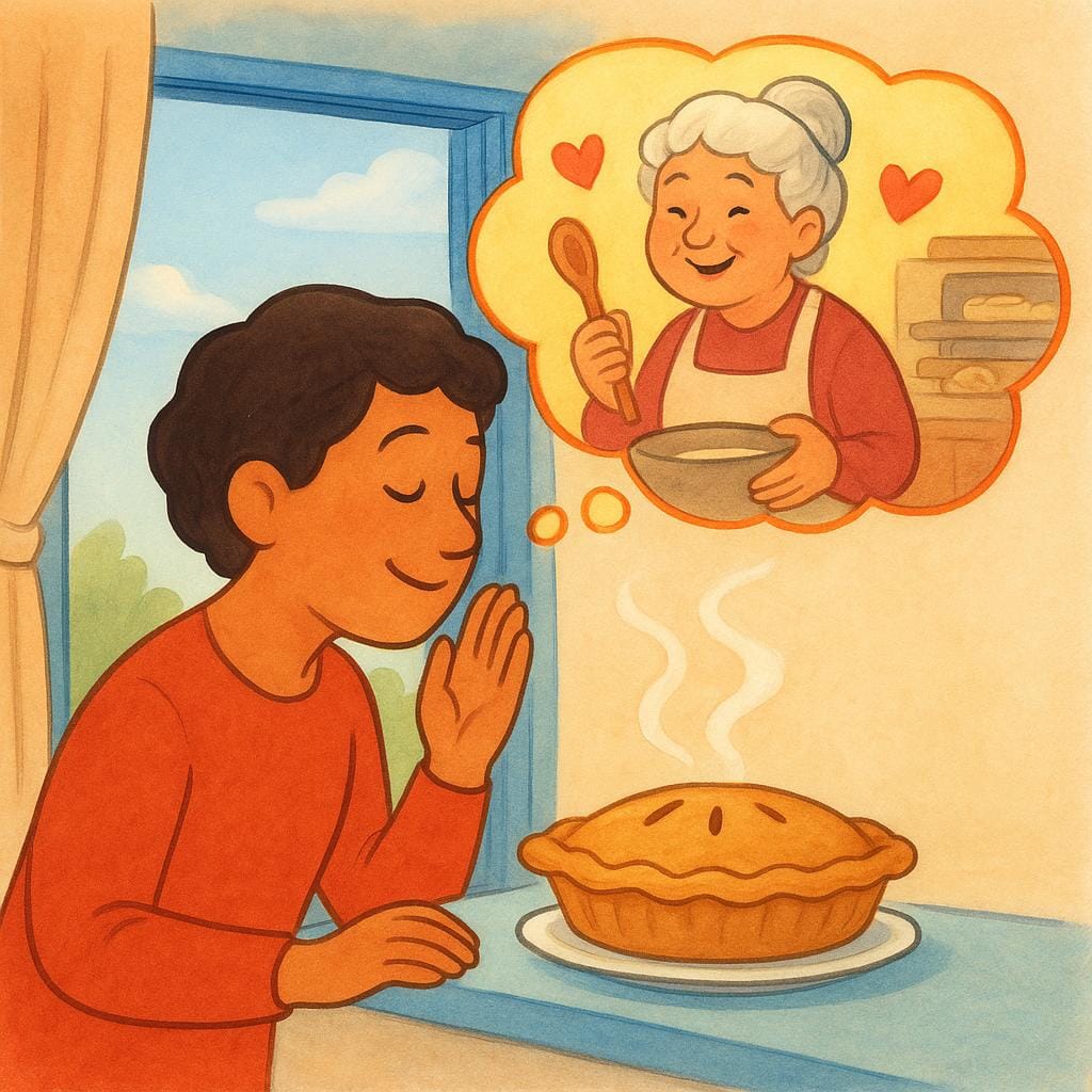 A person standing near a cooling pie, smelling it intently. A thought bubble above their head shows a smiling grandmother baking, indicating the pie reminds them of her.