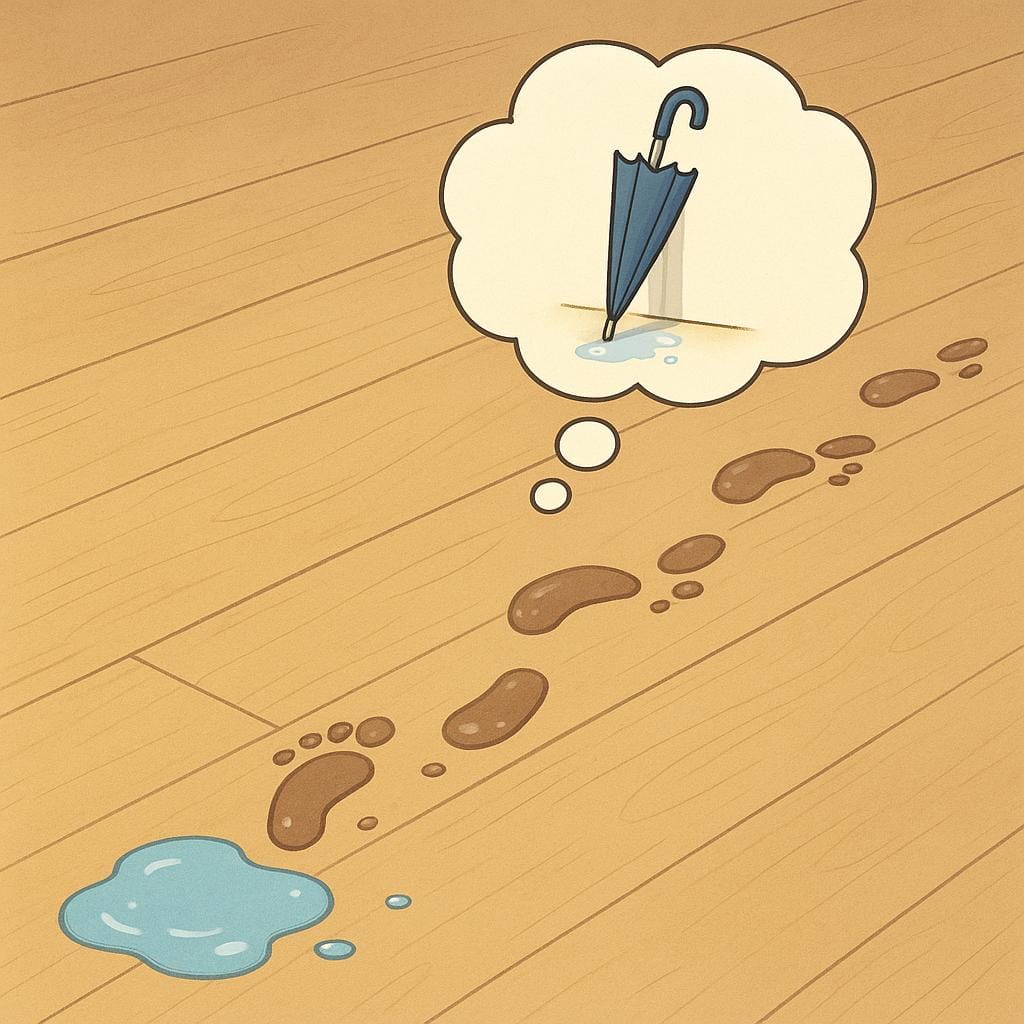 Une trace de pas mouillés traversant un plancher en bois provenant d'une flaque d'eau. Une bulle de pensée au-dessus des empreintes contient l'image d'un parapluie fermé et mouillé, suggérant que la personne est entrée de la pluie.
