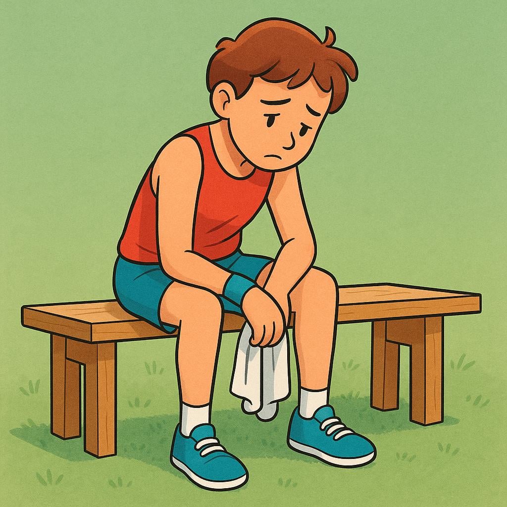 A colorful illustration of a single cartoon athlete wearing sports gear, sitting alone on a wooden bench, looking sad or disappointed. The background suggests they are off the playing field.
