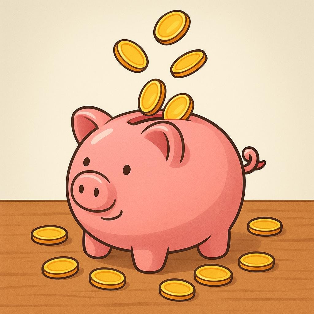 A large, pink ceramic piggy bank sitting on a table, with many gold coins spilling out of the slot on its back.