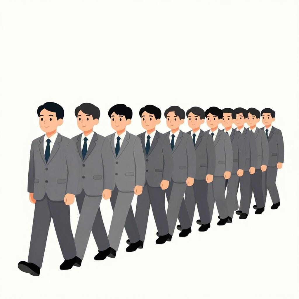 A line of identical cartoon people wearing the same gray suits walking in a single file line following the person in front of them.