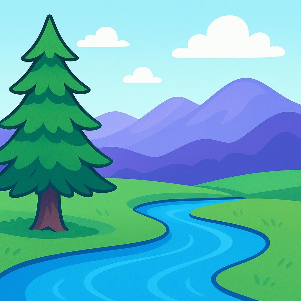 A vibrant green mountain landscape featuring a tall pine tree and a small blue river flowing in the foreground.