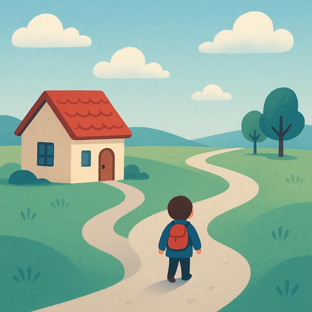 A tiny person walking away from a small house down a winding path toward the horizon, illustrating departure.