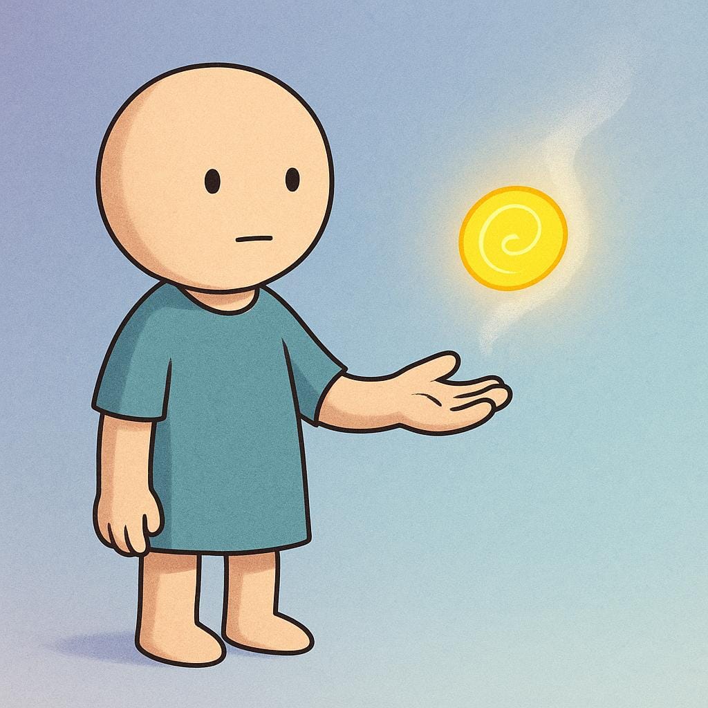 A simple figure stands watching as a stylized, bright yellow object, representing a memory, floats away from their open hand and dissolves into soft white mist, symbolizing forgetfulness.