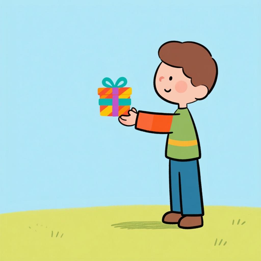 A single cartoon character with an outstretched hand, holding a brightly wrapped gift box, representing the completed action of giving something.