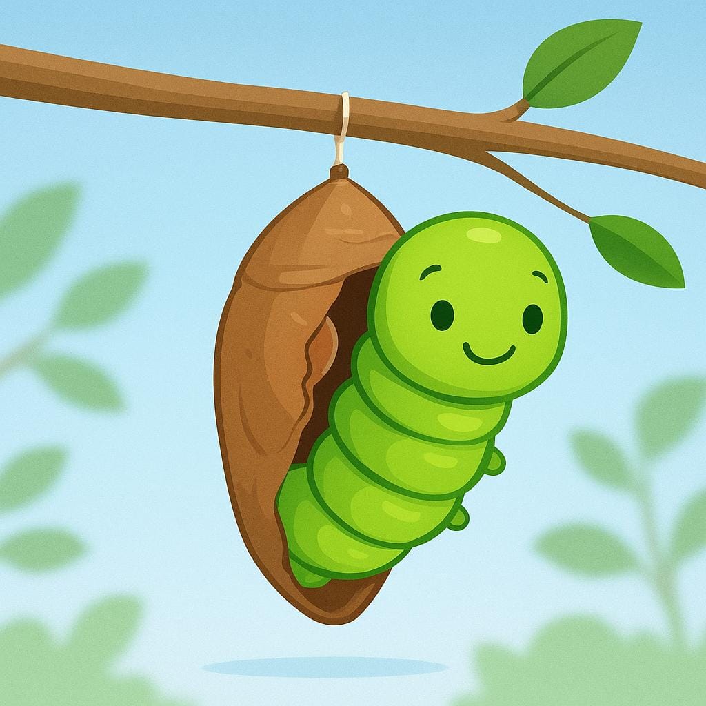 Een kleurrijke sprookjesachtige illustratie die een heldergroene rups toont die uit een gedeeltelijk gebarsten bruine pop komt, wat een transformatie of verandering symboliseert.