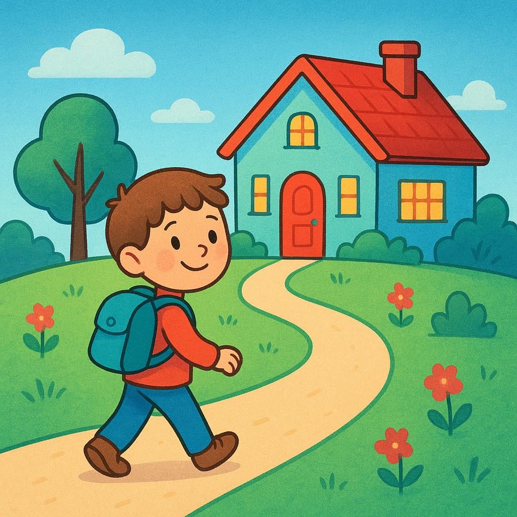 A cheerful child walking down a path toward a brightly lit, cozy house, illustrating the action of returning home.