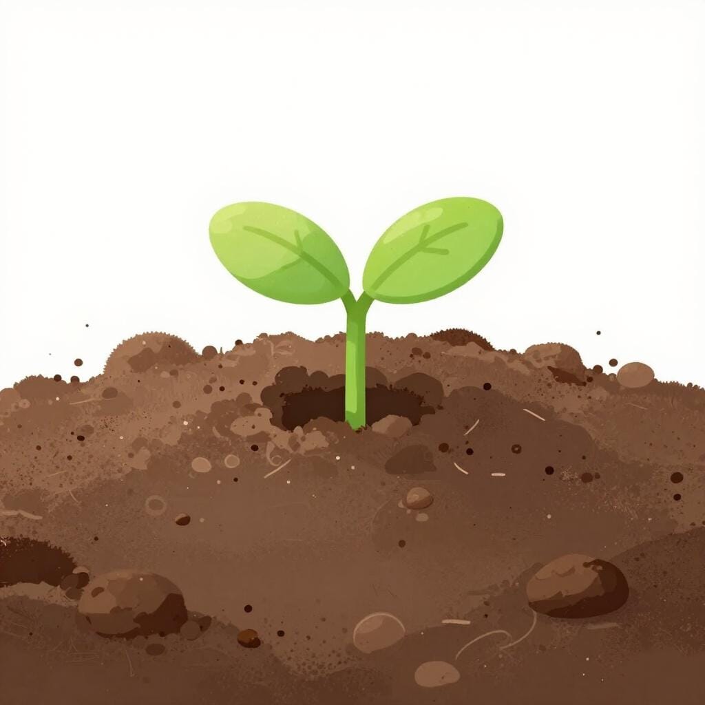 A tiny, bright green sprout growing out of a large mound of rich brown soil.