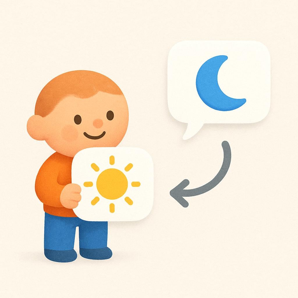 A storybook illustration of a small, friendly character demonstrating translation, with an arrow showing a sun icon transforming into a moon icon in two distinct speech bubbles, representing the conversion of a message.