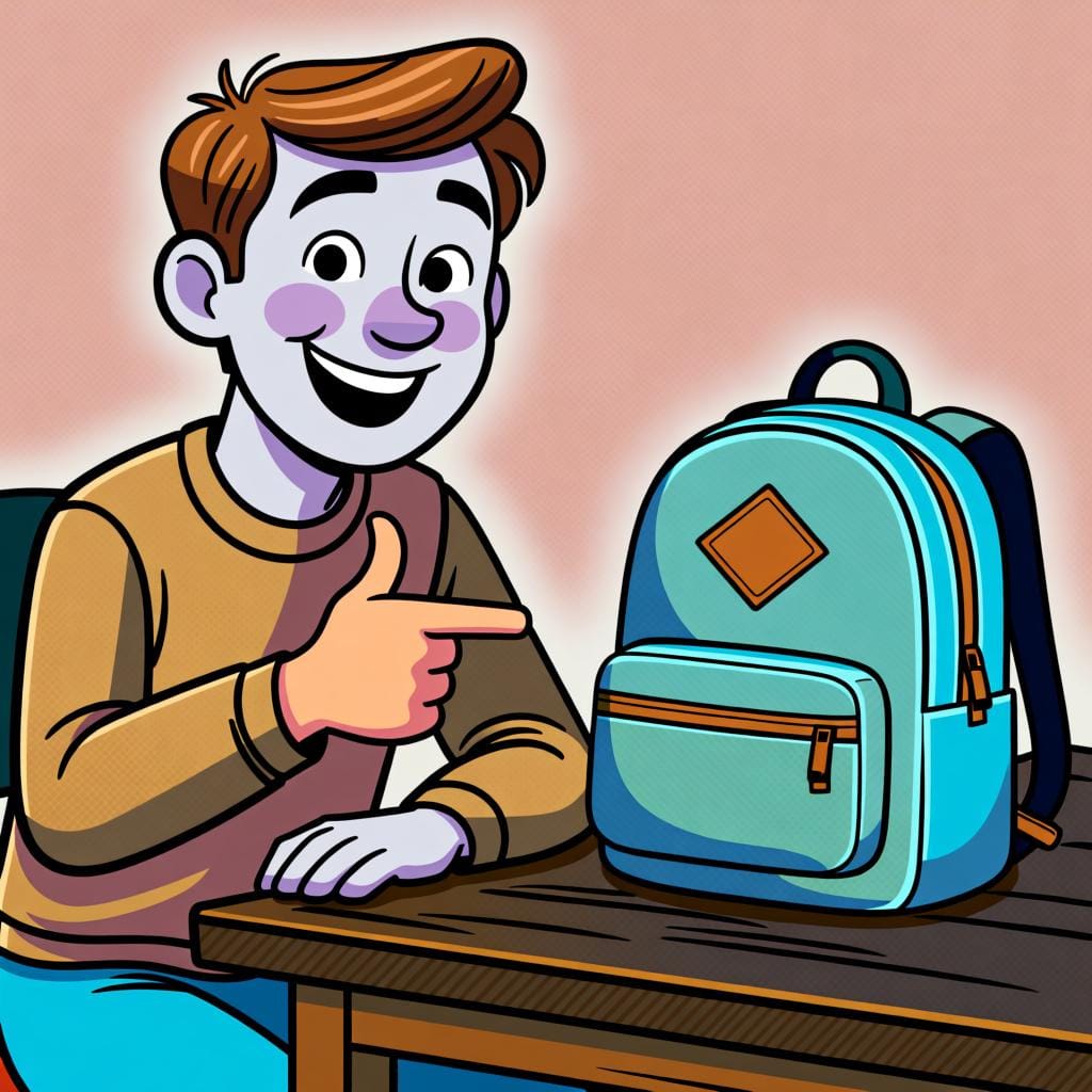 Uma pessoa apontando para uma mochila azul em uma mesa, indicando que ela pertence a ela.