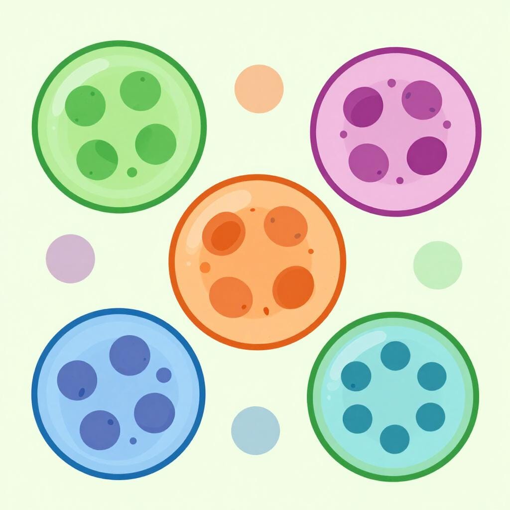 A collection of colorful biological cells grouped together.