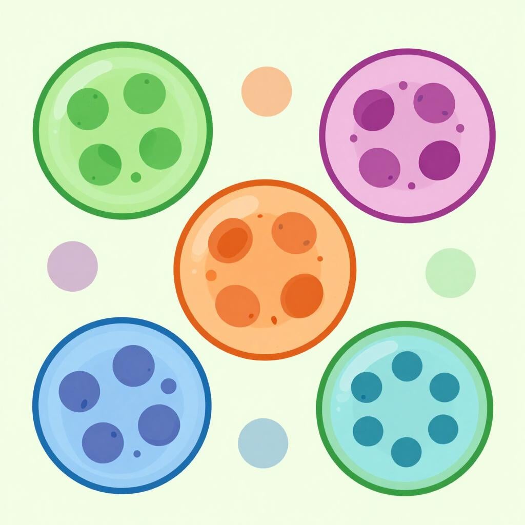 A collection of colorful biological cells grouped together.