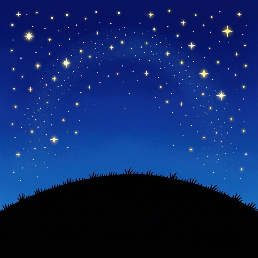 A wide view of a deep blue night sky filled with many bright stars over a peaceful hill.