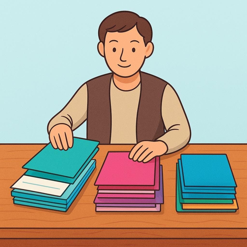 A stylized illustration of a person sitting at a desk, neatly organizing and controlling various colorful stacks of paperwork and folders, symbolizing management.