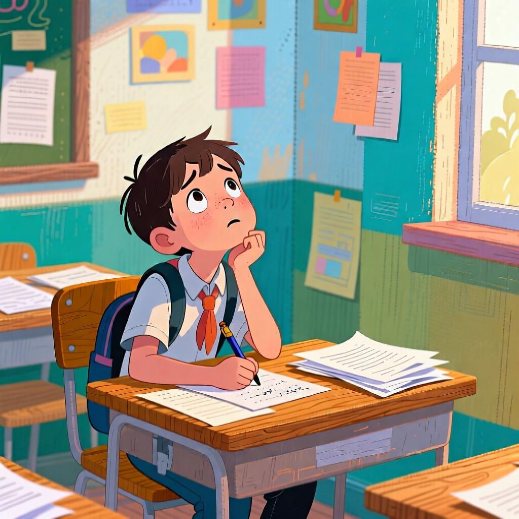 A young person sitting at a desk, pausing mid-thought, looking upward with a hesitant expression as they gather their thoughts.