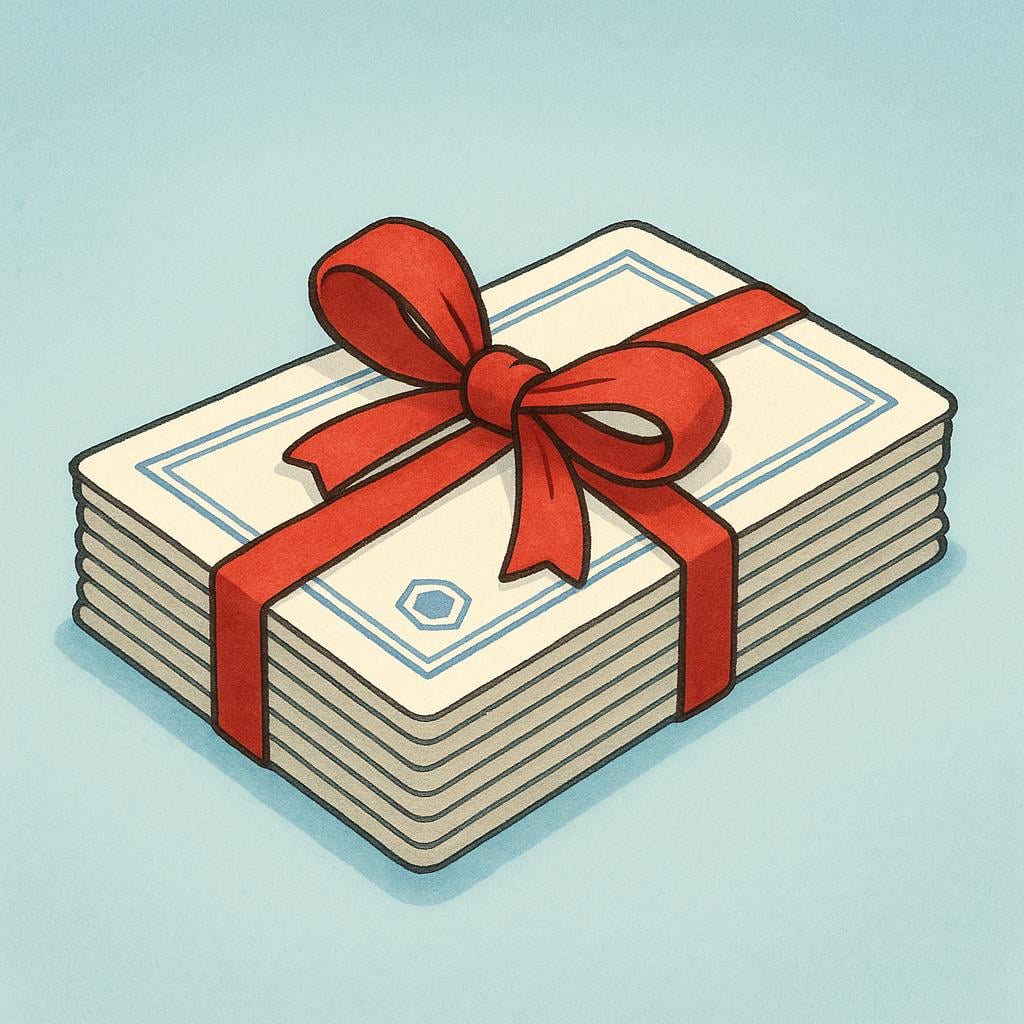 A stack of identical rectangular paper certificates, representing financial shares, tied neatly with a red ribbon.