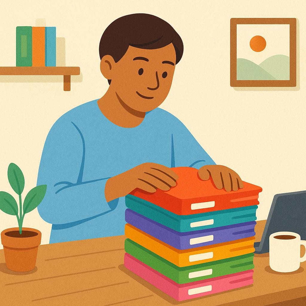 A high quality simple colorful storybook illustration of a person sitting at a wooden desk, focused on organizing a stack of colorful files and administrative documents.