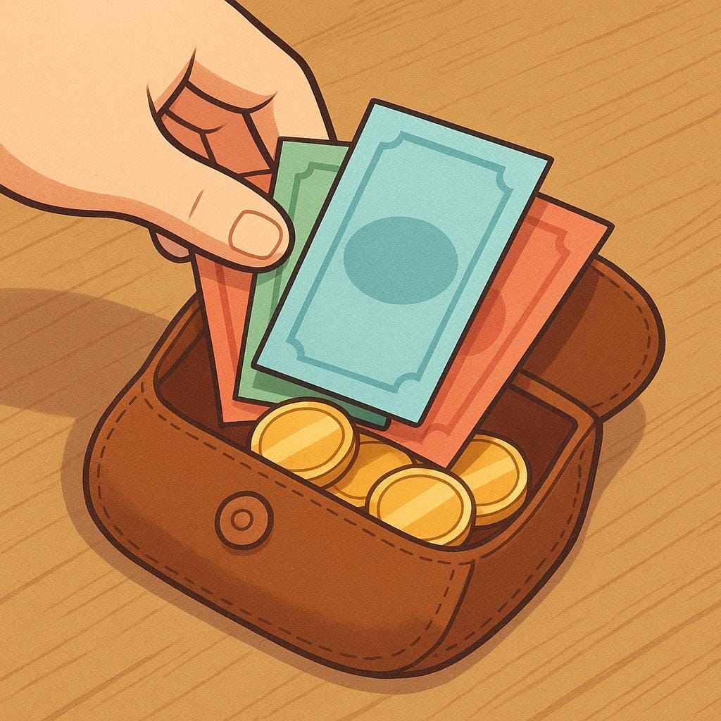 A simple illustration showing a hand carefully placing a small stack of colorful currency bills and coins into a small, open leather travel pouch, symbolizing a daily allowance for expenses.