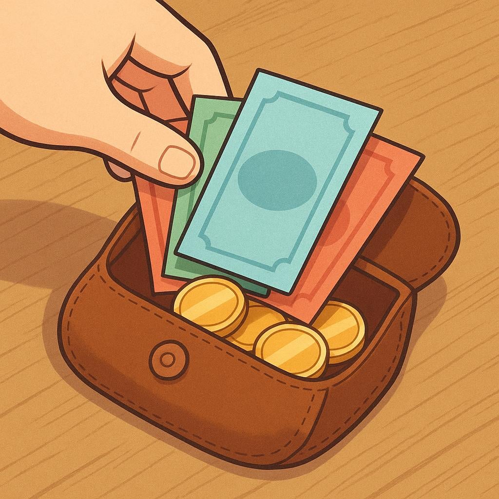 A simple illustration showing a hand carefully placing a small stack of colorful currency bills and coins into a small, open leather travel pouch, symbolizing a daily allowance for expenses.