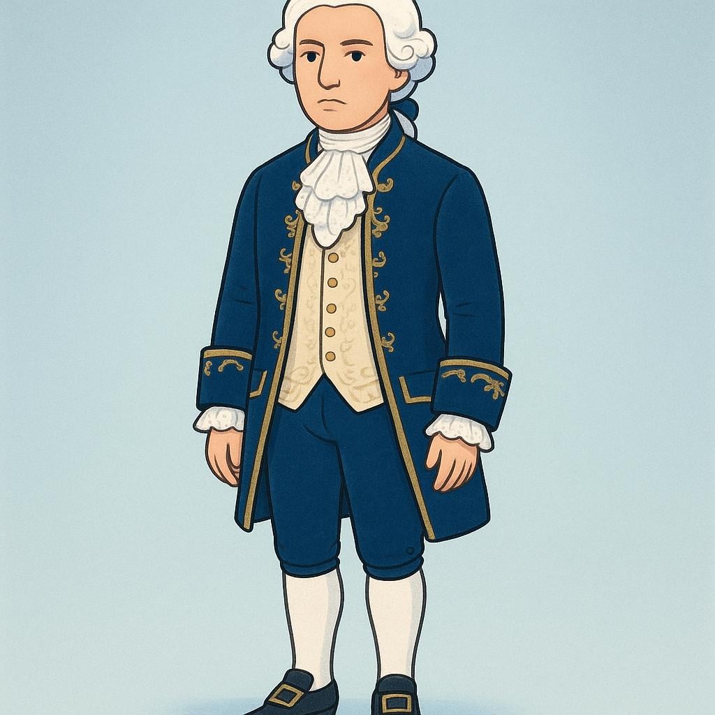 A colorful storybook illustration of an 18th-century English nobleman wearing a powdered wig and a blue velvet coat, representing a 'lord'.