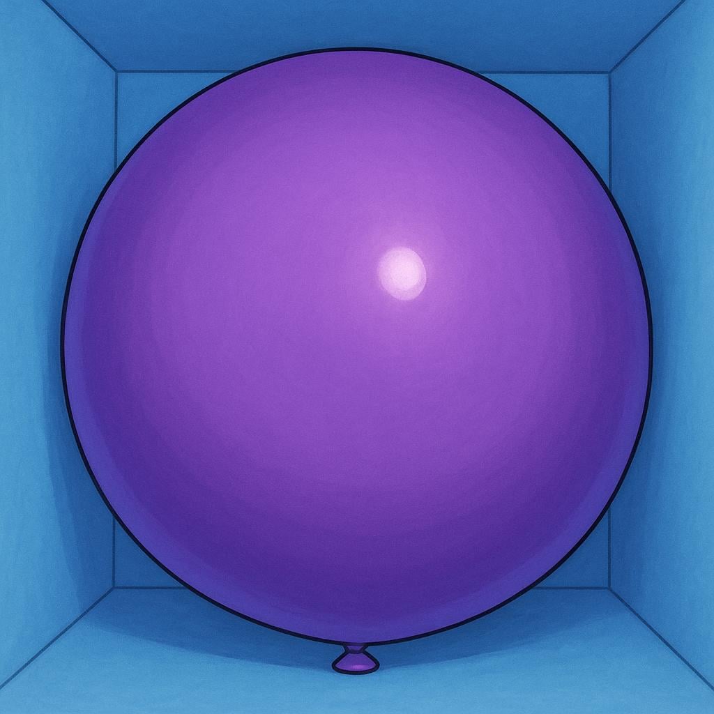 A massive, smooth purple balloon completely fills a small, empty blue room, illustrating the concept of occupying space.