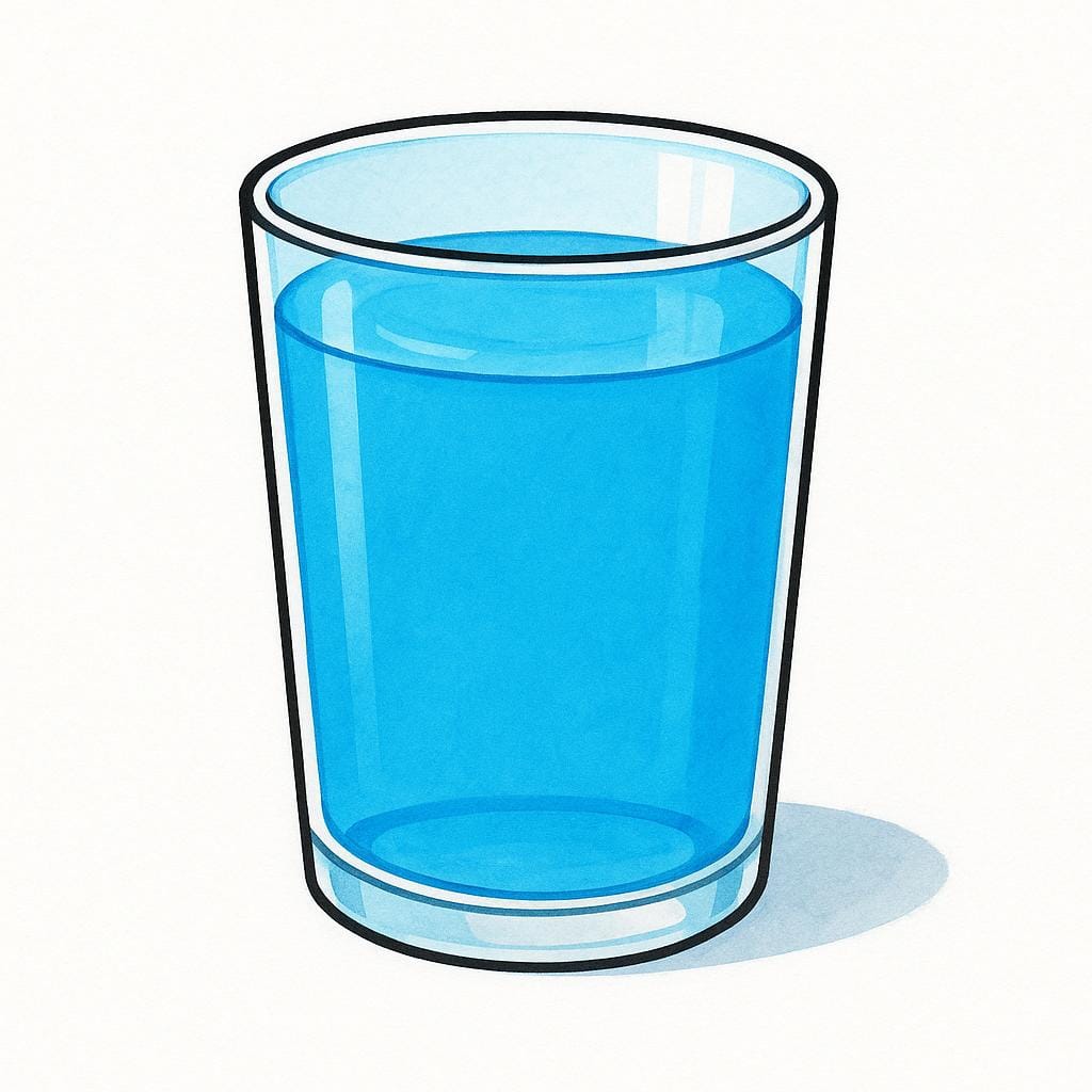 A clear drinking glass filled completely to the brim with bright blue water, representing a defined volume.