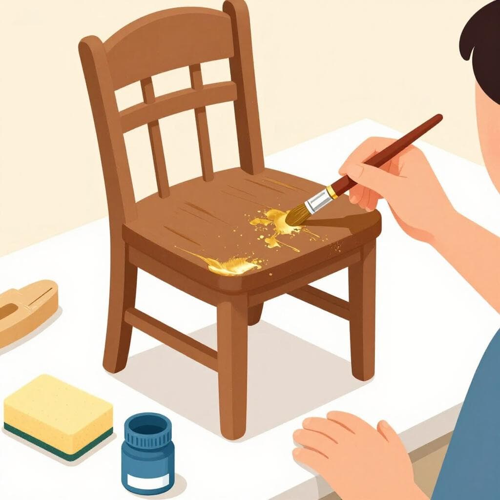 A person carefully painting a small section of an old, ornate wooden chair with a thin brush.