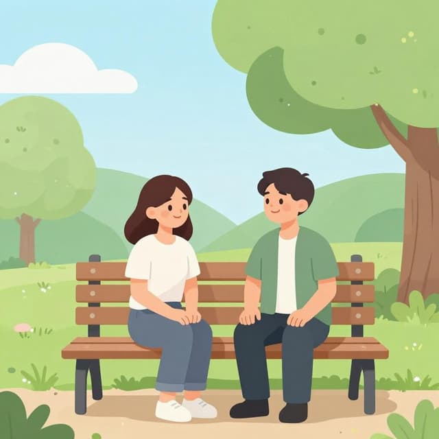 Two friends sitting together on a park bench, smiling and engaged in a friendly conversation.