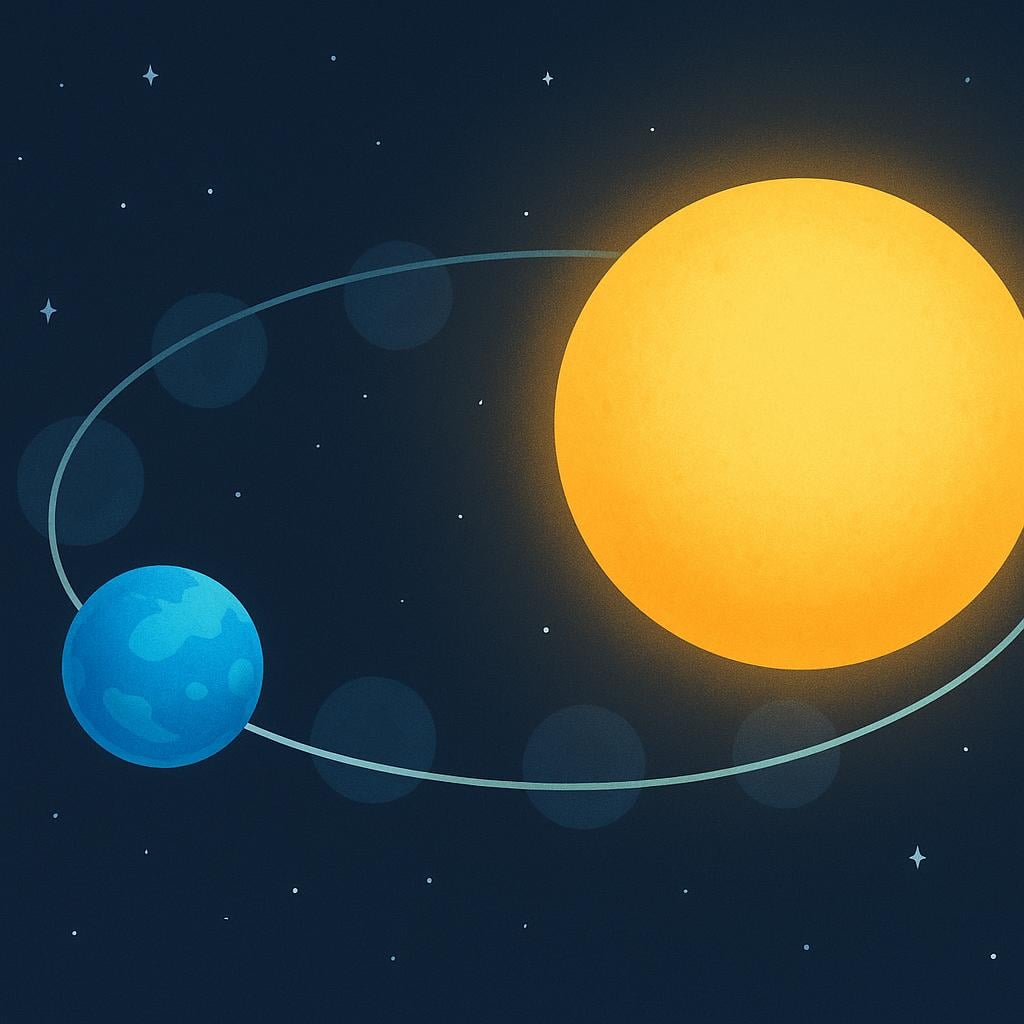 A storybook illustration of a small blue planet completing a smooth circular orbit around a large yellow sun in space, depicting orbital rotation.