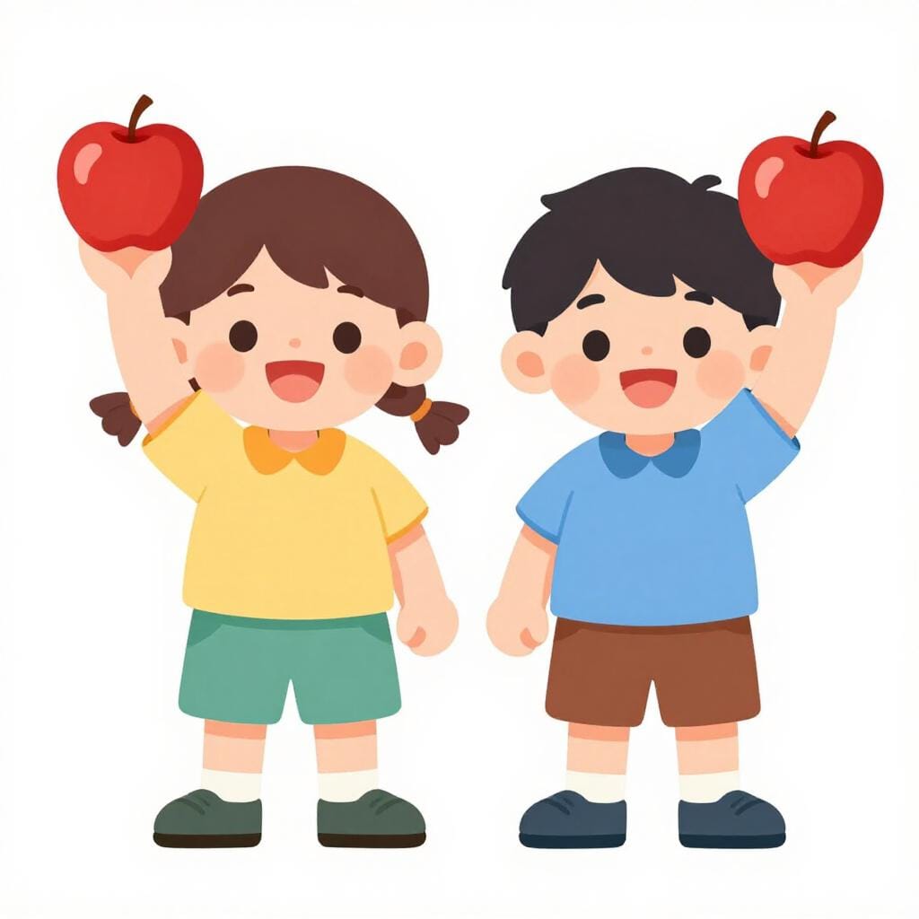 Two children standing side-by-side, each holding an identical bright red apple.
