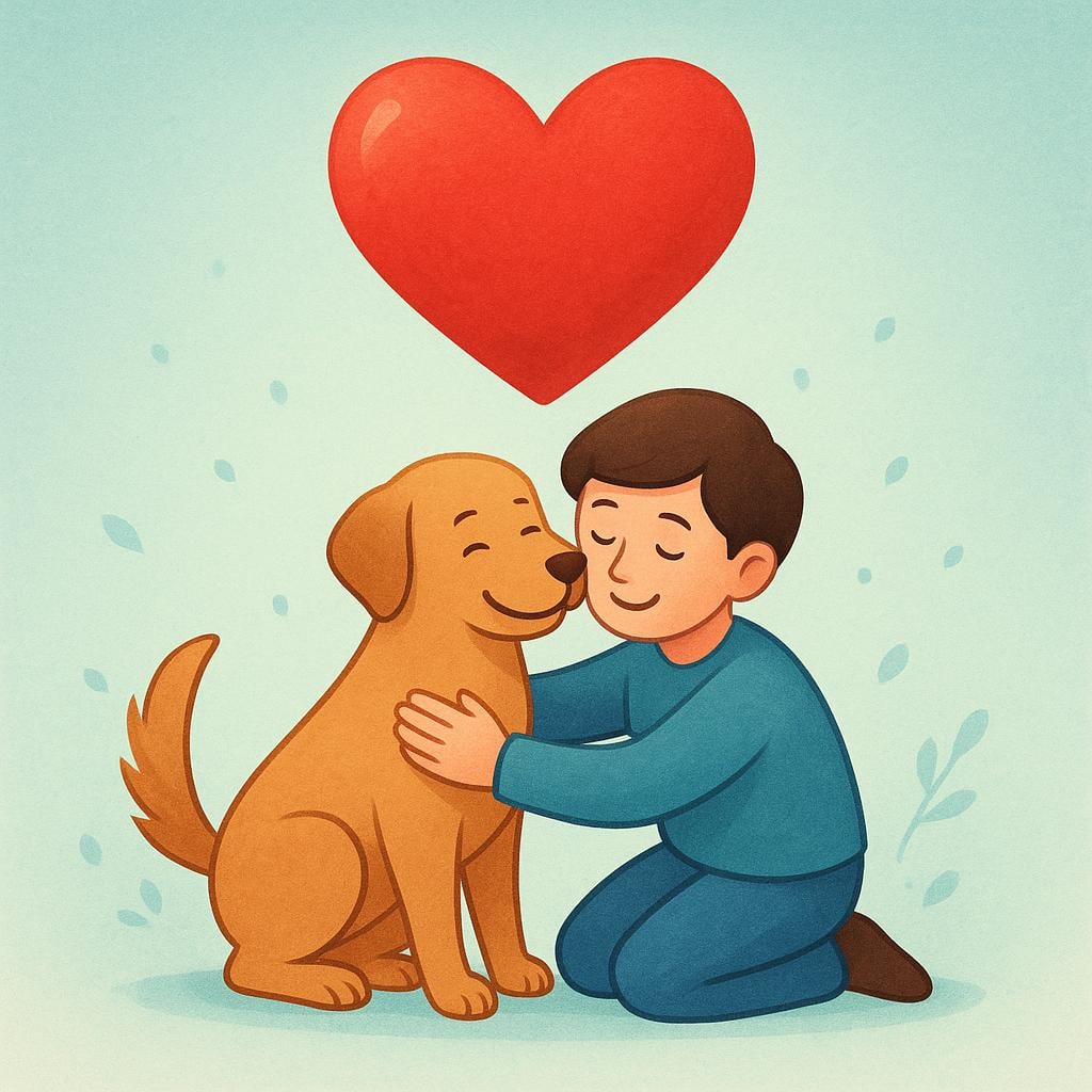 A person tenderly hugging a friendly dog, with a single large red heart floating in the air above their heads, symbolizing past affection.