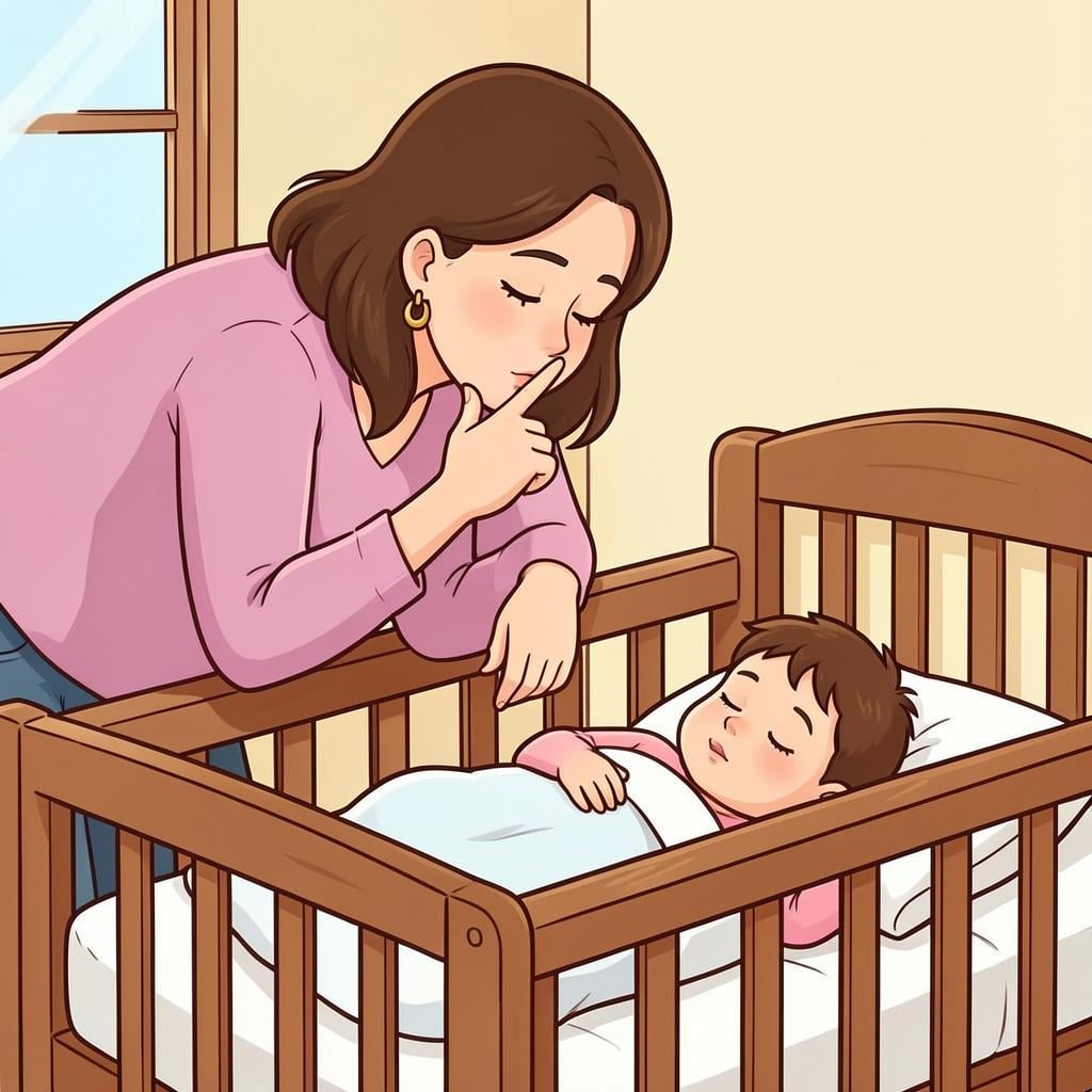 A mother whispering gently to her sleeping baby with a finger to her lips.